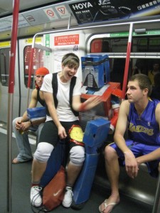 I'm in the (homemade) Optimus Prime costume; Hong Kong subway, 2008