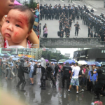 Baby and riot police, a study in contrasts