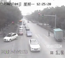 Jaywalking Asshole Causes Truck To Swerve Into A Pole