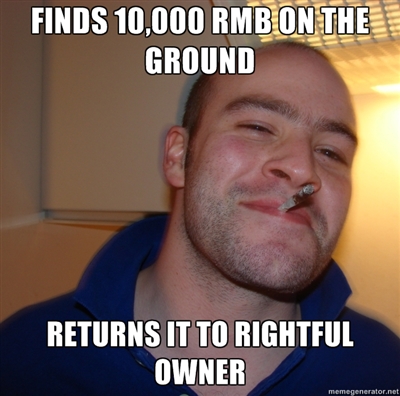 Good Guy Greg finds 10000 rmb on the ground