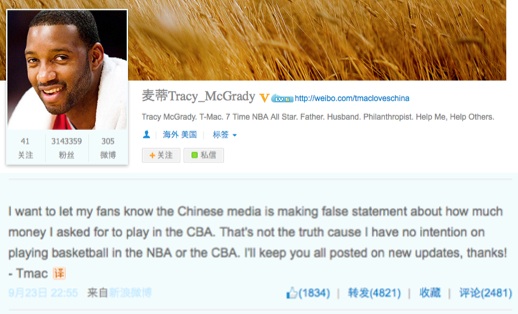 Tracy McGrady upset with Chinese media