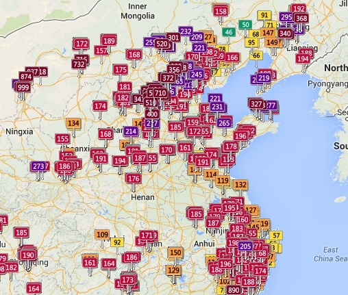 Air Pollution in Asia Real Time Map - China zoomed in