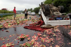 Watermelon truck overturns 1