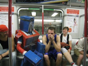 Anthony Tao's homemade Optimus Prime costume in Hong Kong subway